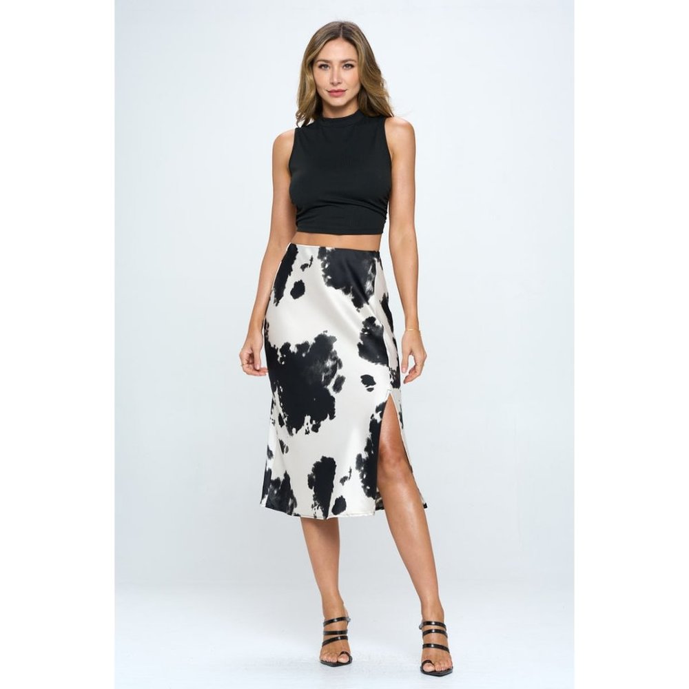 Made in USA Satin Cow Print Midi Skirt with Slit